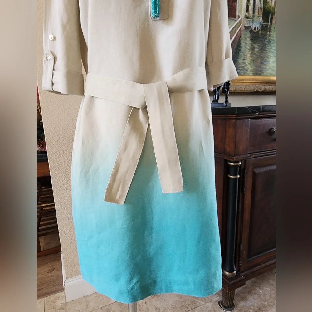 J. McLaughlin Beige and Teal Linen Knee Length Dress XS - Picture 4 of 11